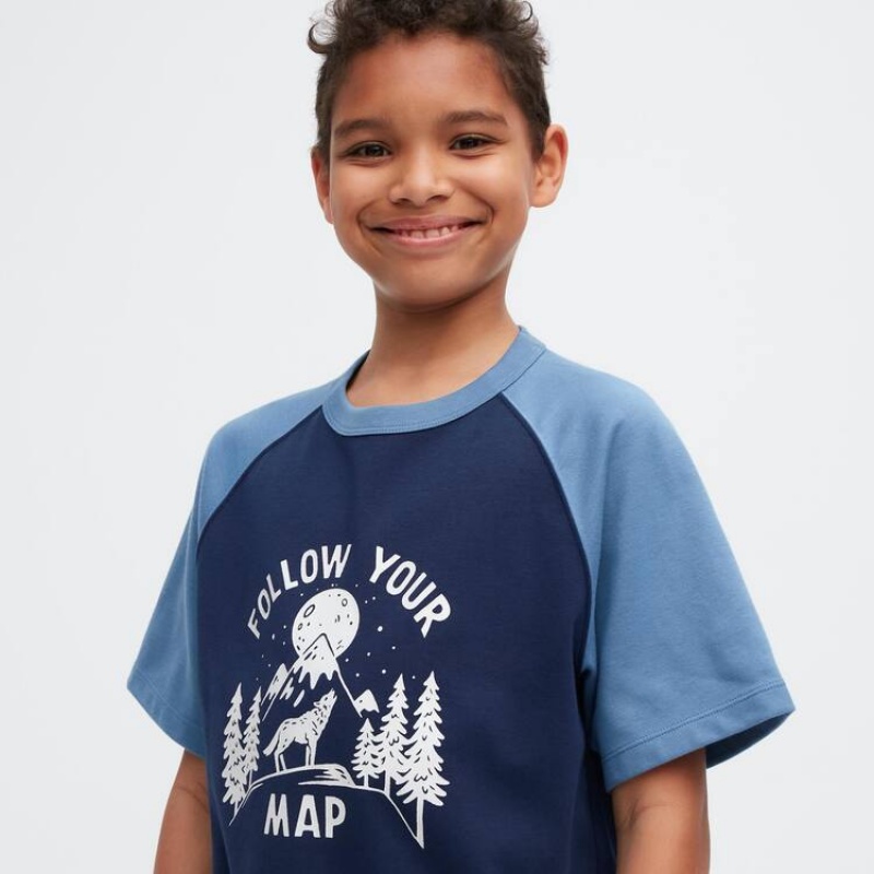 Camiseta Uniqlo Airism Algodon Estampadas Corta Sleeved Niños Azul Marino | 1945LPJTK