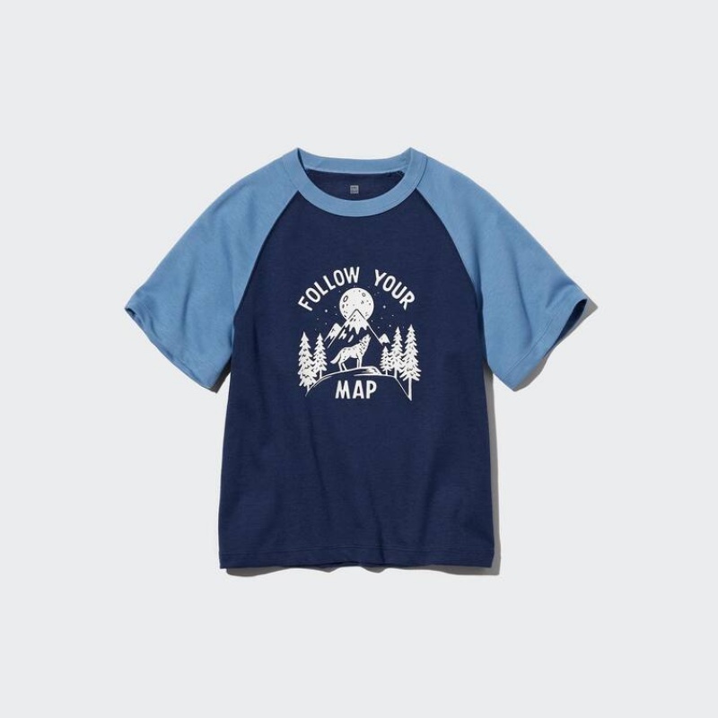 Camiseta Uniqlo Airism Algodon Estampadas Corta Sleeved Niños Azul Marino | 1945LPJTK