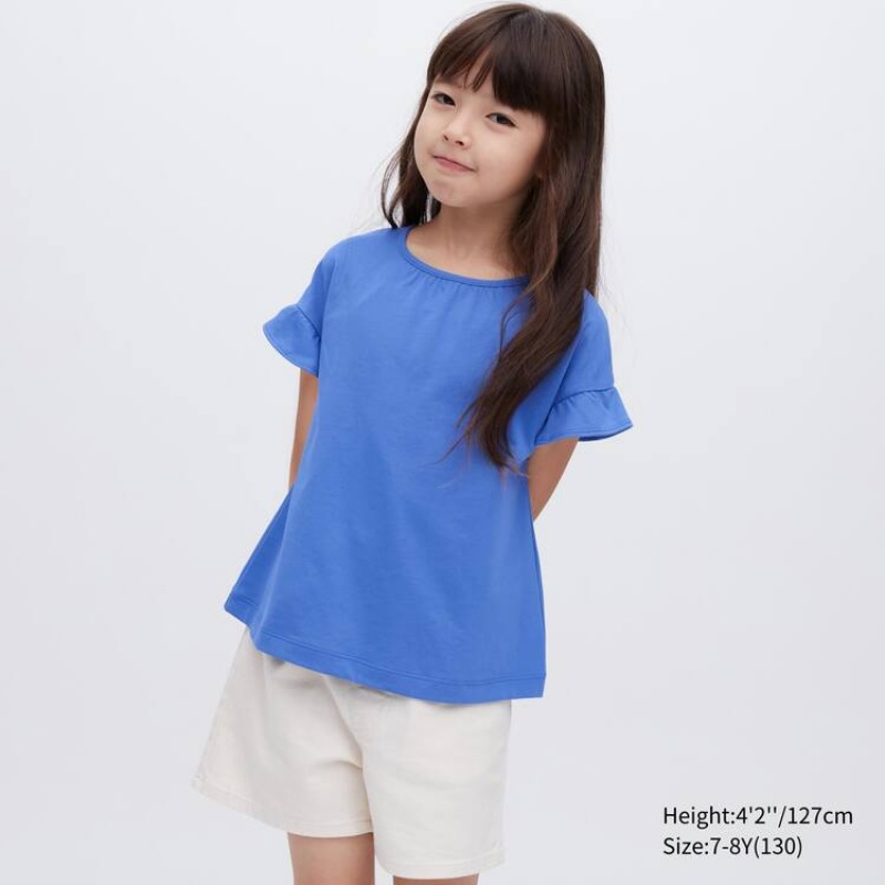 Camiseta Uniqlo Airism Algodon Frill Sleeved Niños Azules | 2964BEORJ