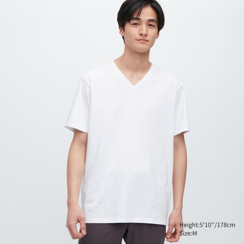 Camiseta Uniqlo Airism Algodon V Neck Corta Sleeved Hombre Blancas | 0319PGXRE