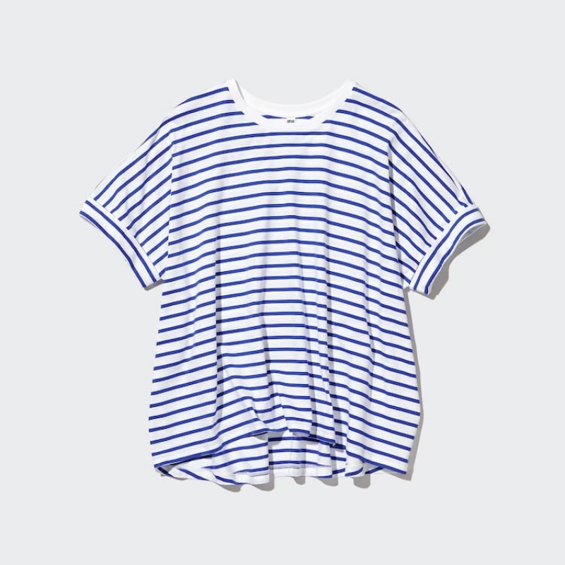 Camiseta Uniqlo Algodon A Rayas French Sleeved Mujer Blancas Azules | 1435VQFBG