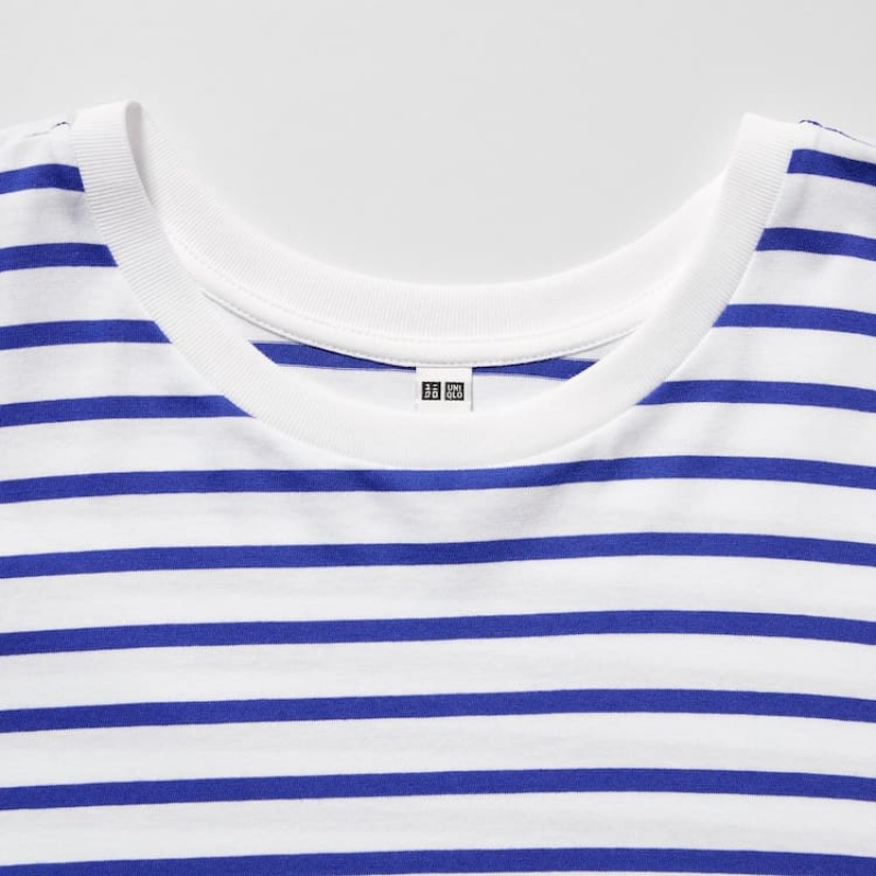 Camiseta Uniqlo Algodon A Rayas French Sleeved Mujer Blancas Azules | 1435VQFBG