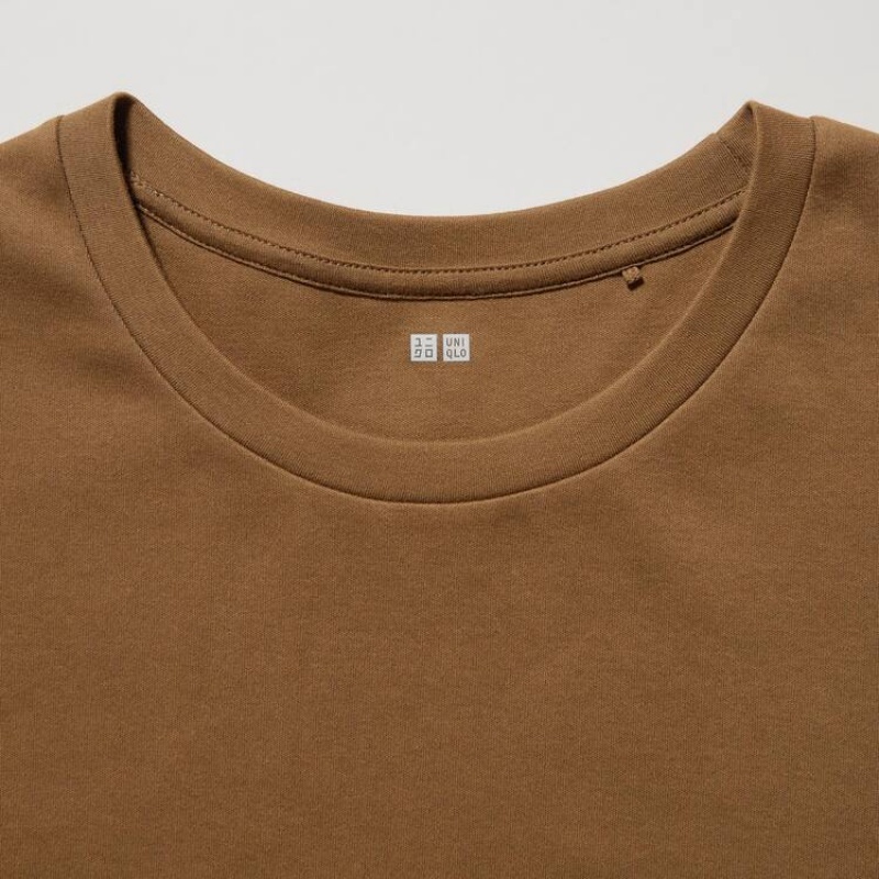 Camiseta Uniqlo Algodon Crew Neck Long Sleeve Mujer Marrones | 0756TOBHL