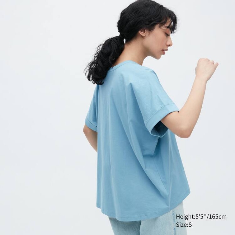 Camiseta Uniqlo Algodon Sleeve Mujer Azules | 9053ERZNX