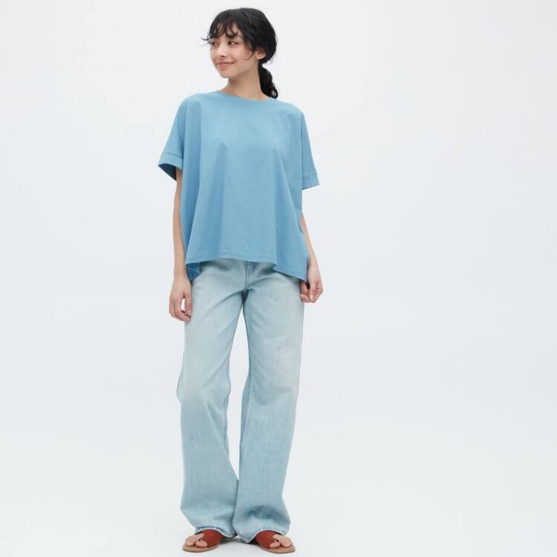 Camiseta Uniqlo Algodon Sleeve Mujer Azules | 9053ERZNX