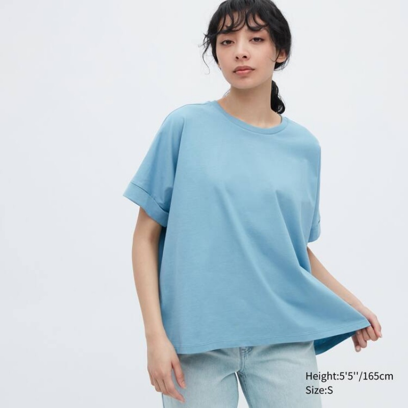 Camiseta Uniqlo Algodon Sleeve Mujer Azules | 9053ERZNX