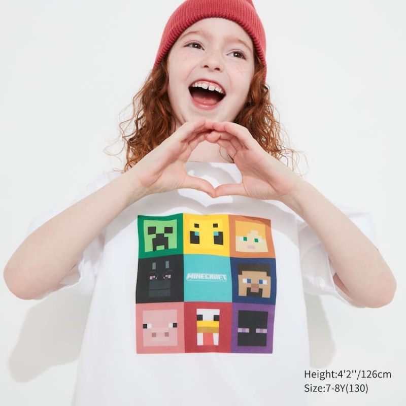 Camiseta Uniqlo Minecraft Ut Estampadas Niños Blancas | 0437XWBNV