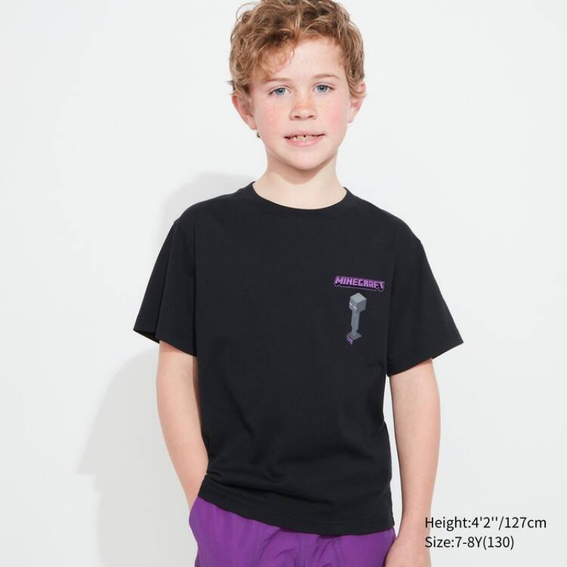 Camiseta Uniqlo Minecraft Ut Estampadas Niños Negras | 7924IACTV