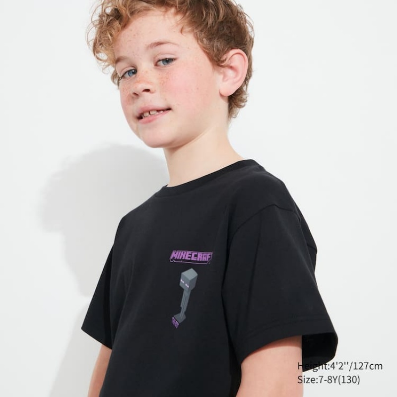 Camiseta Uniqlo Minecraft Ut Estampadas Niños Negras | 7924IACTV