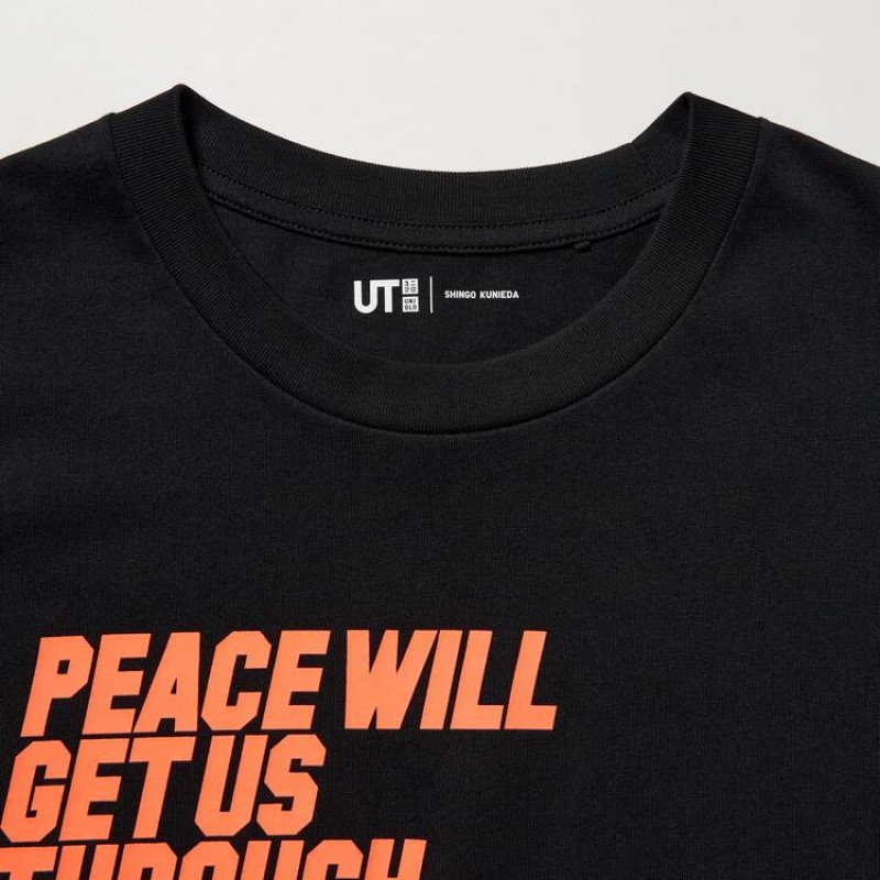 Camiseta Uniqlo Peace For All Ut Estampadas (Shingo Kunieda) Mujer Negras | 4809LTMDR