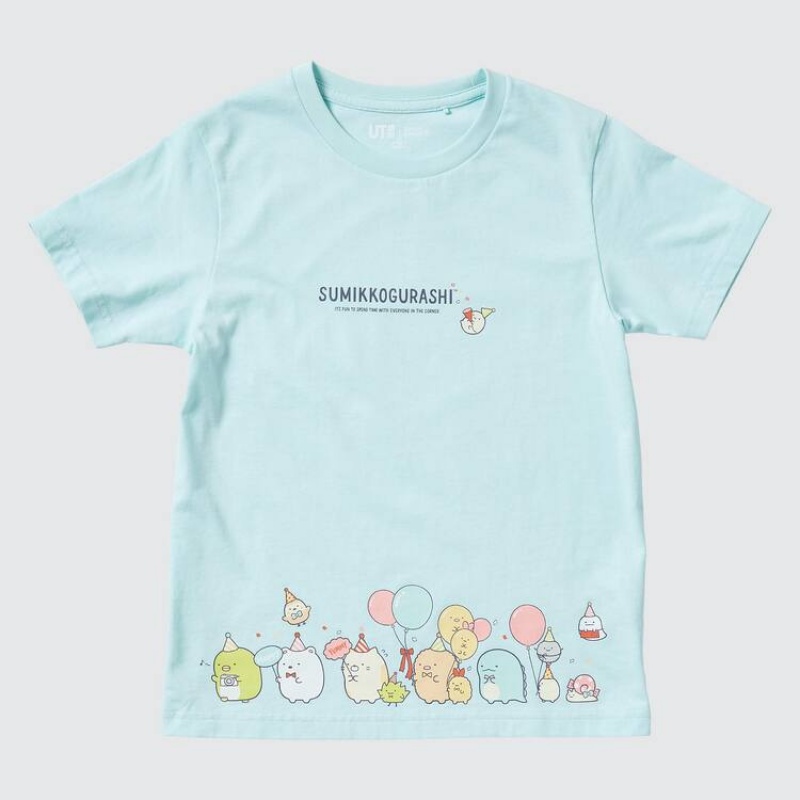 Camiseta Uniqlo Sumikkogurashi Ut Estampadas Niños Azules | 0217RQVLU