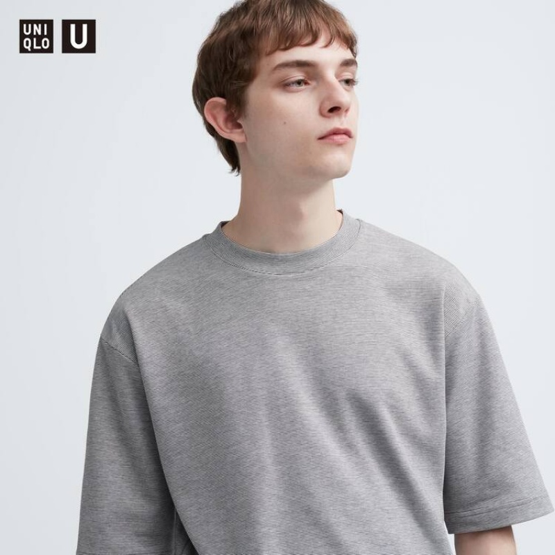 Camiseta Uniqlo U Airism Algodon A Rayas Oversized Crew Neck Half Sleeve Hombre Blancas | 8167BUELC