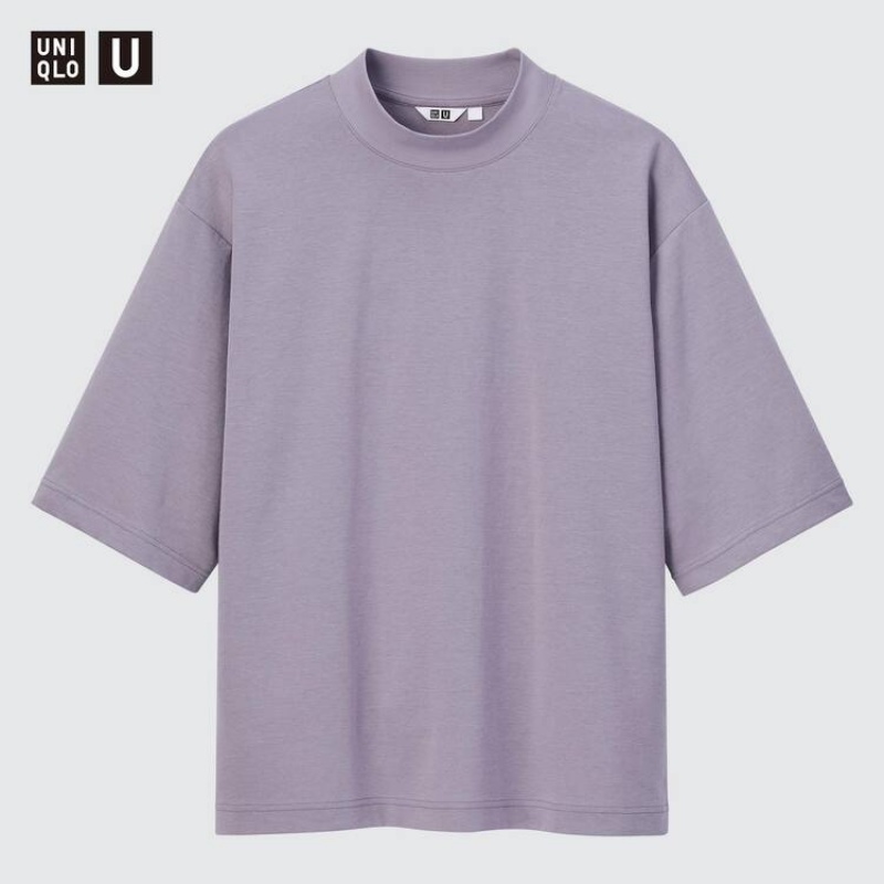 Camiseta Uniqlo U Airism Algodon Oversized Mock Neck Half Sleeved Hombre Moradas | 8524WOXZY