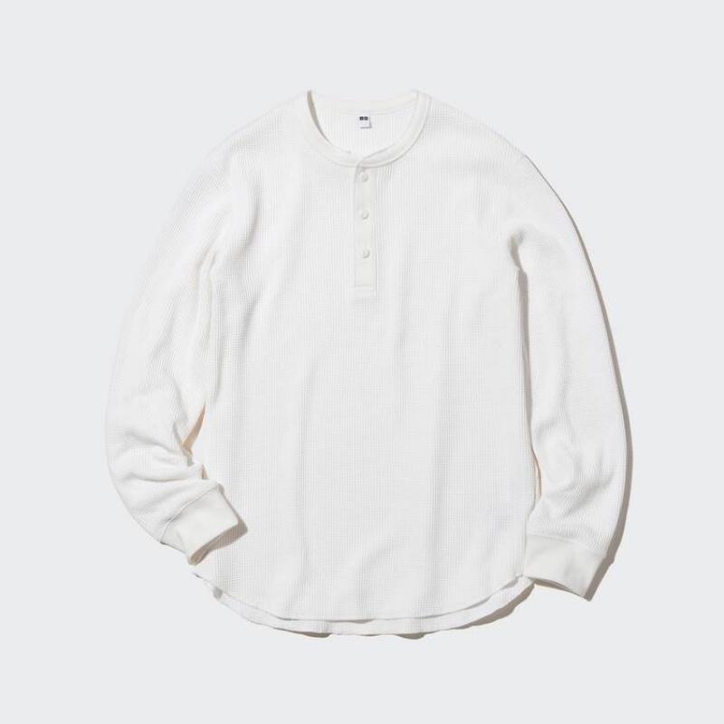 Camiseta Uniqlo Waffle Henley Neck Long Sleeved Hombre Blancas | 6428IZDGL