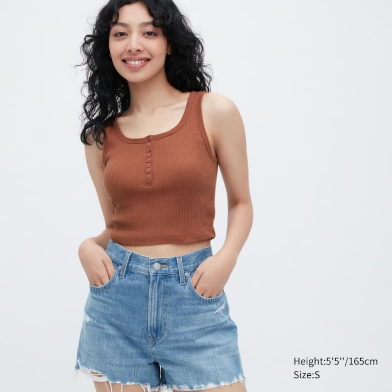 Chaleco Uniqlo Acanalado Henley Neck Cropped Mujer Marrones | 4210HCKUW