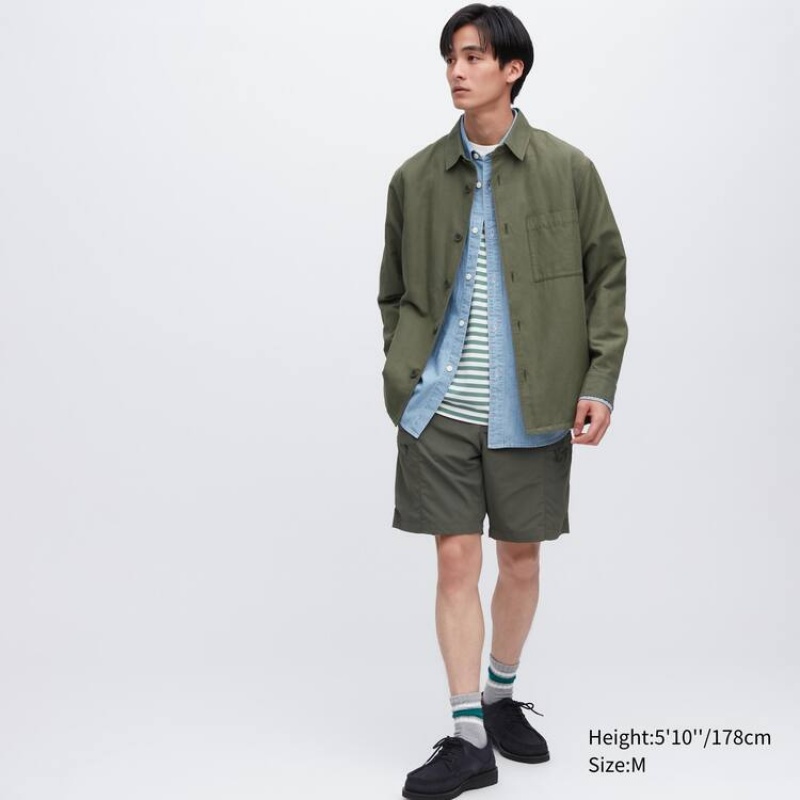 Chaquetas Uniqlo Algodon Linen Blend Overshirt Hombre Verde Oliva | 0742WFMDZ