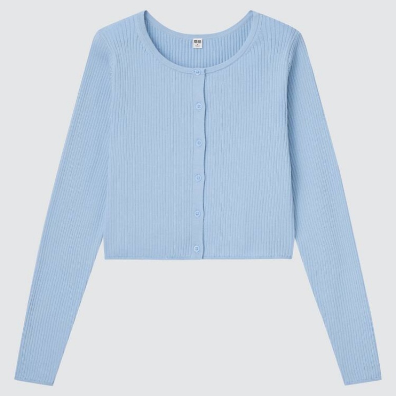 Cárdigan Uniqlo 100% Supima Algodon Cropped Mujer Azules | 8602XKFJC