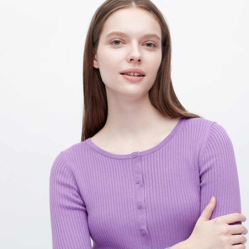 Cárdigan Uniqlo Cropped Crew Neck Mujer Moradas | 7436GYAMC