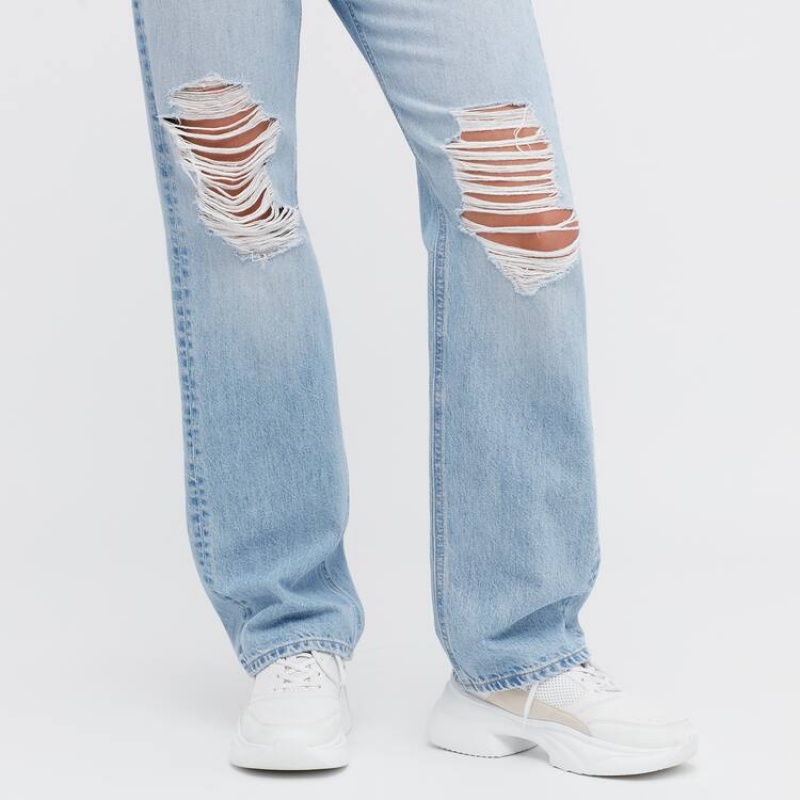 Jeans Uniqlo High Rise Directo Leg Distressed Mujer Azules | 7184FVAKL