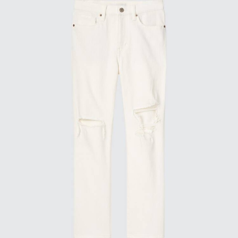 Jeans Uniqlo High Rise Slim Fit Directo Leg Ankle Length Distressed Mujer Blancas | 8974JPTUO