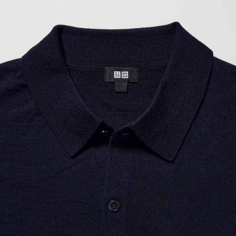 Jerséis Uniqlo 100% Extra Fine Merino Collar Hombre Azul Marino | 4613ZNISM