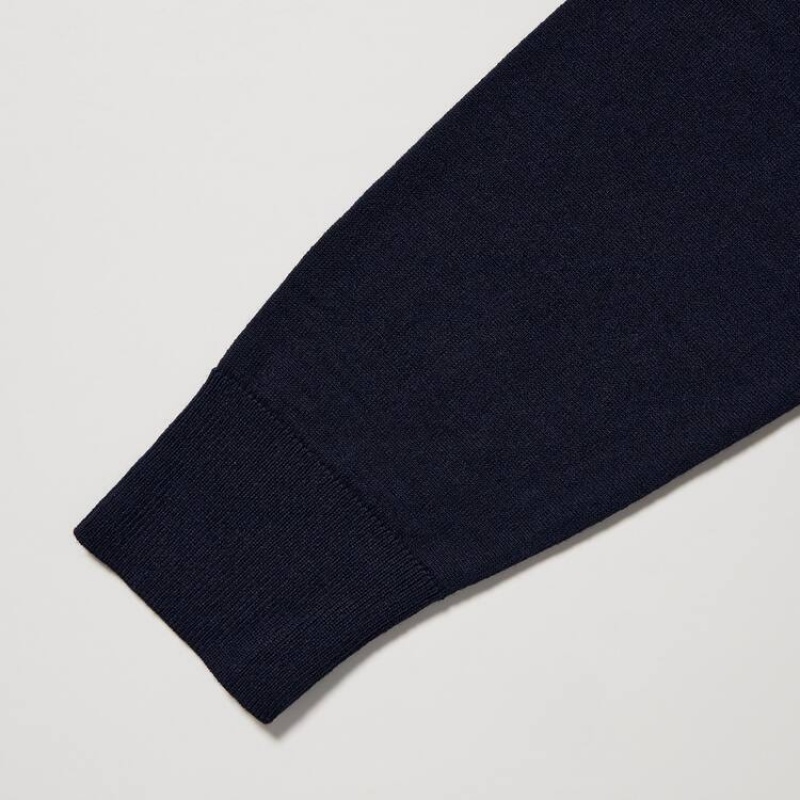 Jerséis Uniqlo 100% Extra Fine Merino Collar Hombre Azul Marino | 4613ZNISM