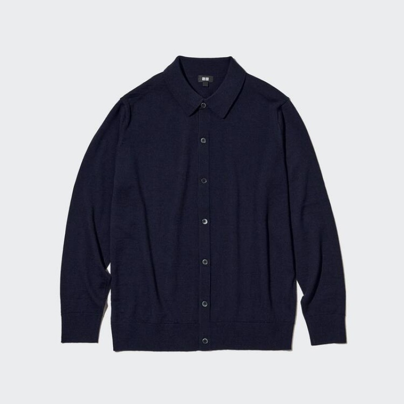 Jerséis Uniqlo 100% Extra Fine Merino Collar Hombre Azul Marino | 4613ZNISM