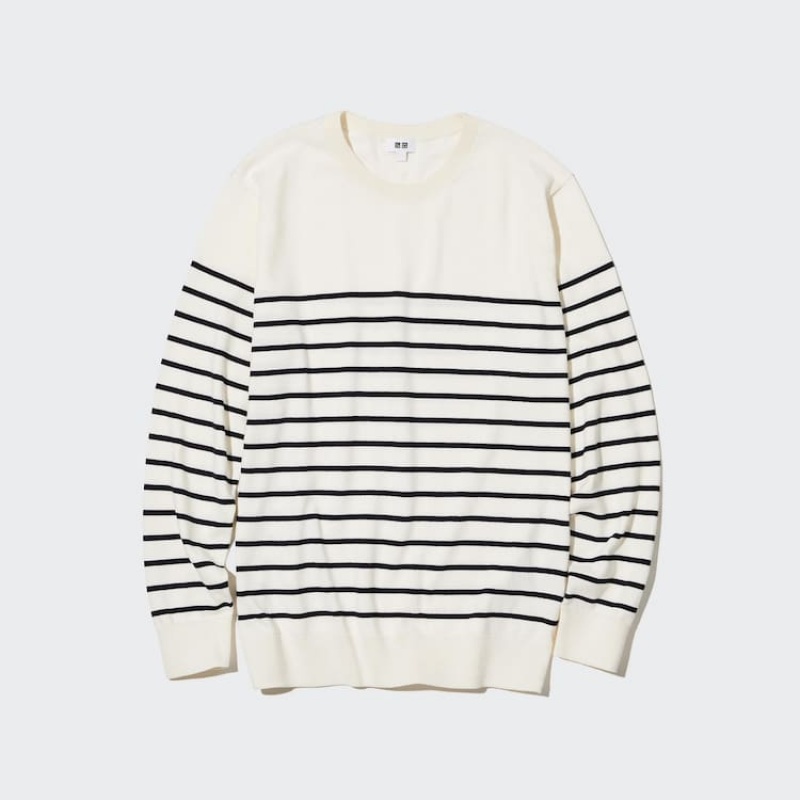 Jerséis Uniqlo Algodon Washable A Rayas Crew Neck Hombre Blancas | 7401HFBNI