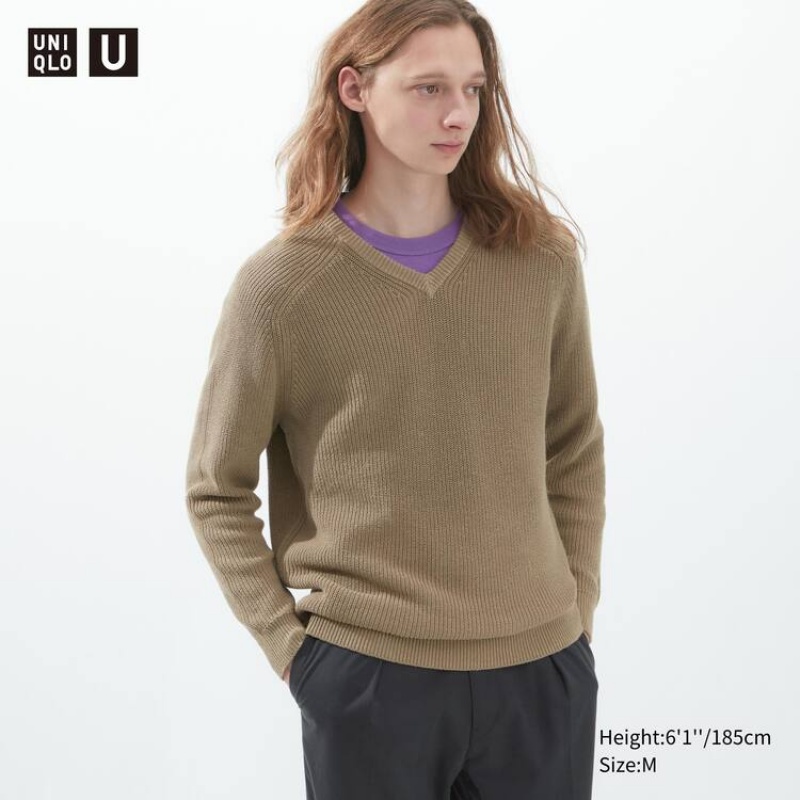 Jerséis Uniqlo U V Neck Hombre Kaki | 7918IJPCB