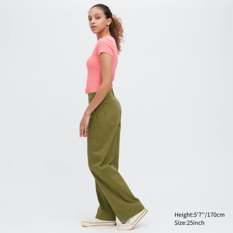 Pantalones Uniqlo Anchos Leg Baker Mujer Verde Oliva | 9243BVPWD