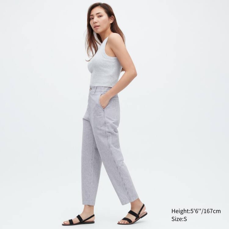 Pantalones Uniqlo Linen Algodon Blend A Rayas Tapered Mujer Azules | 0765SYALC