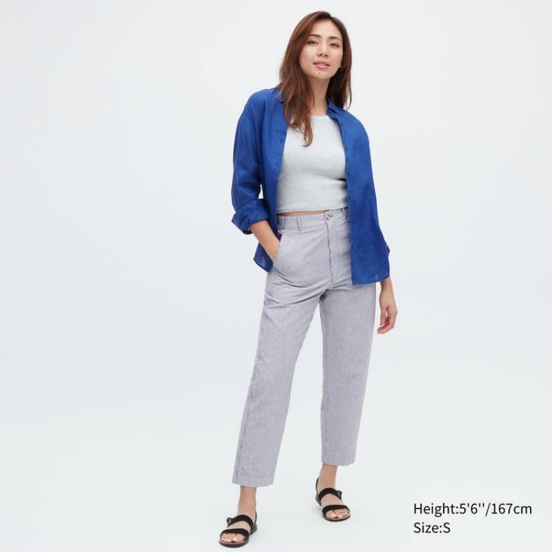 Pantalones Uniqlo Linen Algodon Blend A Rayas Tapered Mujer Azules | 0765SYALC