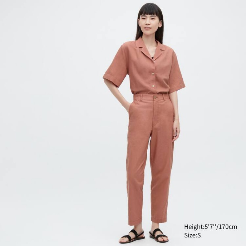 Pantalones Uniqlo Linen Algodon Blend Tapered Mujer Marrones | 8641BWGVP