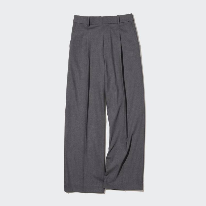 Pantalones Uniqlo Plisado Anchos Mujer Gris | 8230YGHPE