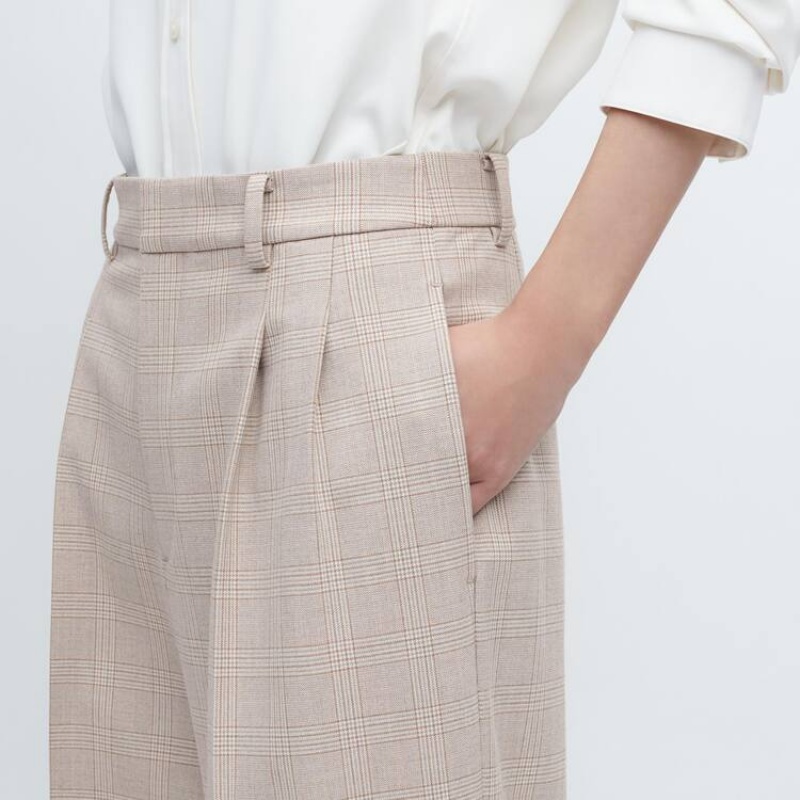 Pantalones Uniqlo Plisado Checked Anchos Leg Mujer Beige | 6730KOZYE