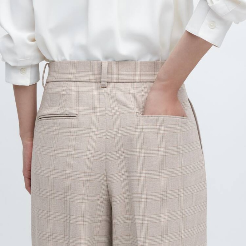 Pantalones Uniqlo Plisado Checked Anchos Leg Mujer Beige | 6730KOZYE