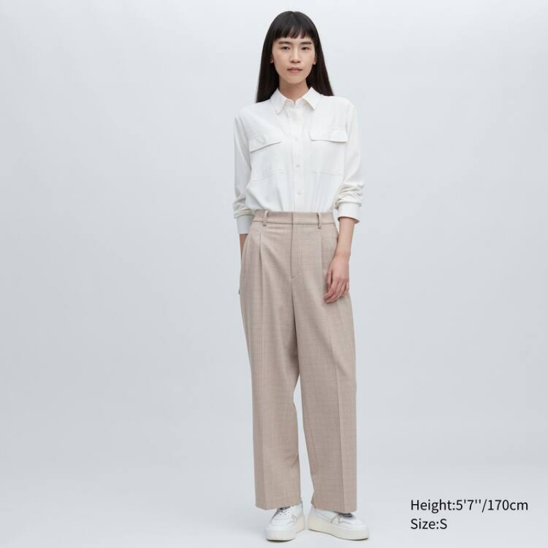 Pantalones Uniqlo Plisado Checked Anchos Leg Mujer Beige | 6730KOZYE