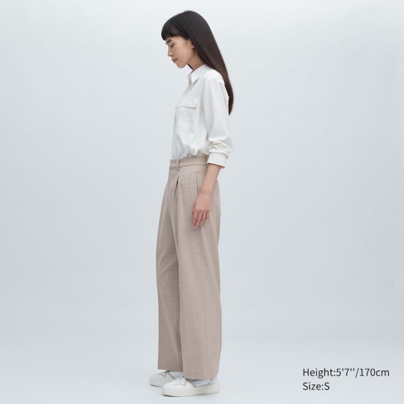 Pantalones Uniqlo Plisado Checked Anchos Leg Mujer Beige | 6730KOZYE