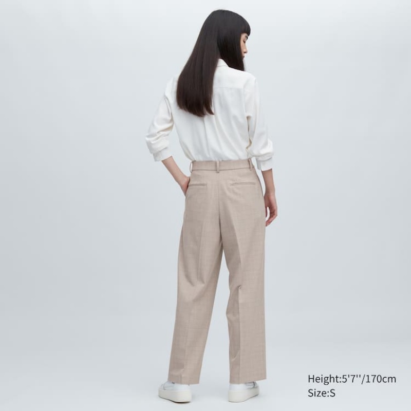 Pantalones Uniqlo Plisado Checked Anchos Leg Mujer Beige | 6730KOZYE