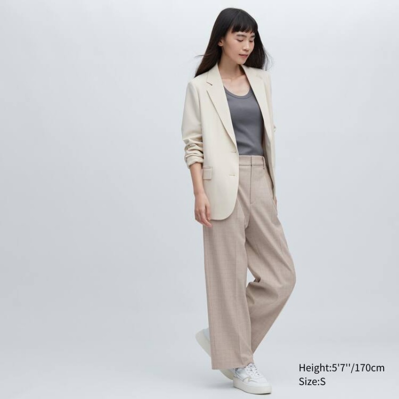 Pantalones Uniqlo Plisado Checked Anchos Leg Mujer Beige | 6730KOZYE