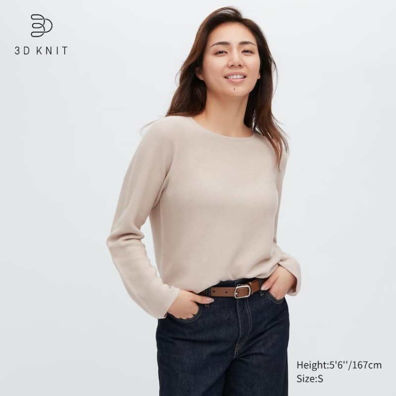 Prendas De Punto Uniqlo 3d Knit Seamless Algodon Crew Neck Mujer Beige | 3805LSAHD