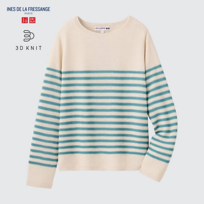 Prendas De Punto Uniqlo Ines De La Fressange 3d Knit Seamless A Rayas Barco Neck Mujer Beige | 0258XLZQP