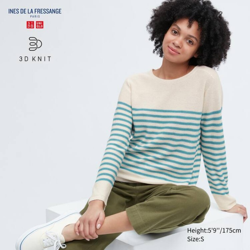 Prendas De Punto Uniqlo Ines De La Fressange 3d Knit Seamless A Rayas Barco Neck Mujer Beige | 0258XLZQP