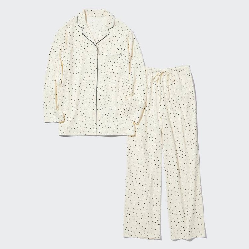 Ropa De Casa Uniqlo Airism Algodon Dotted Long Sleeved Mujer Blancas | 0956JNWBZ