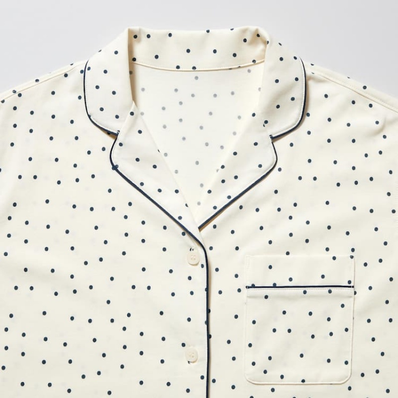 Ropa De Casa Uniqlo Airism Algodon Dotted Long Sleeved Mujer Blancas | 0956JNWBZ