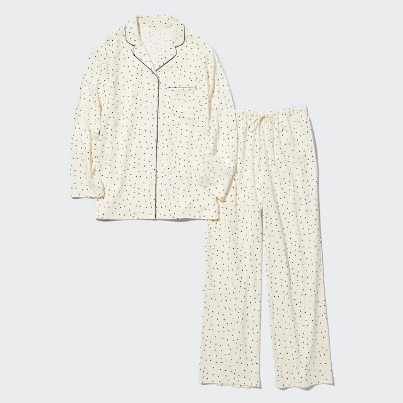 Ropa De Casa Uniqlo Airism Algodon Dotted Long Sleeved Mujer Blancas | 0956JNWBZ