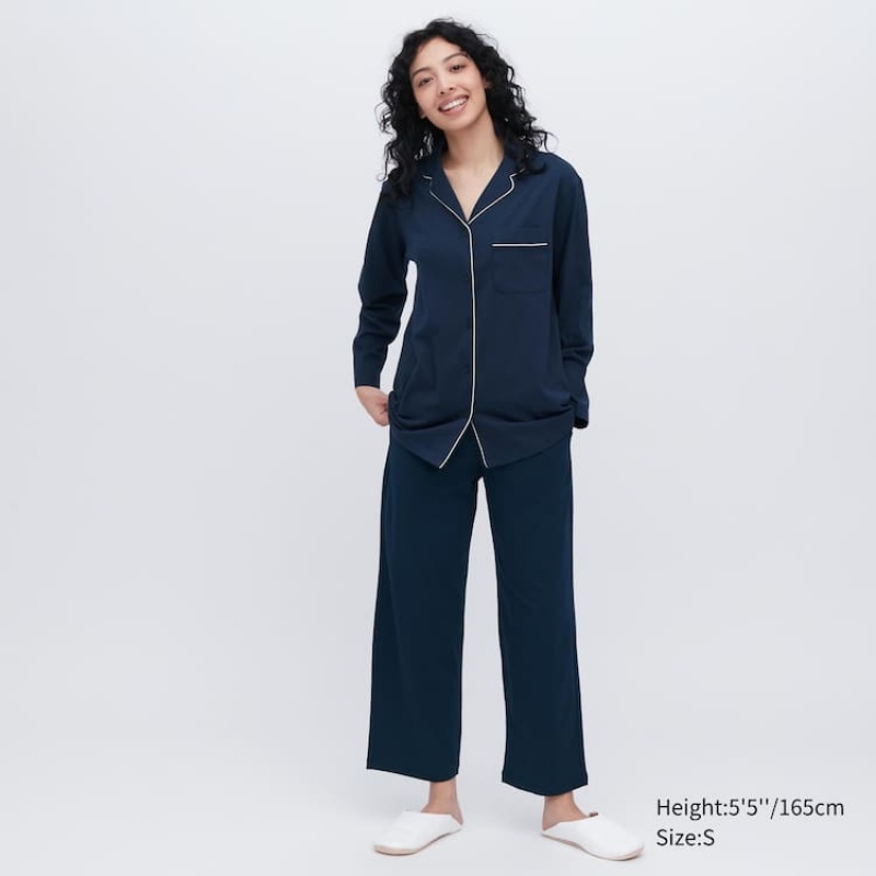 Ropa De Casa Uniqlo Airism Algodon Long Sleeved Mujer Azul Marino | 0865ITEHD