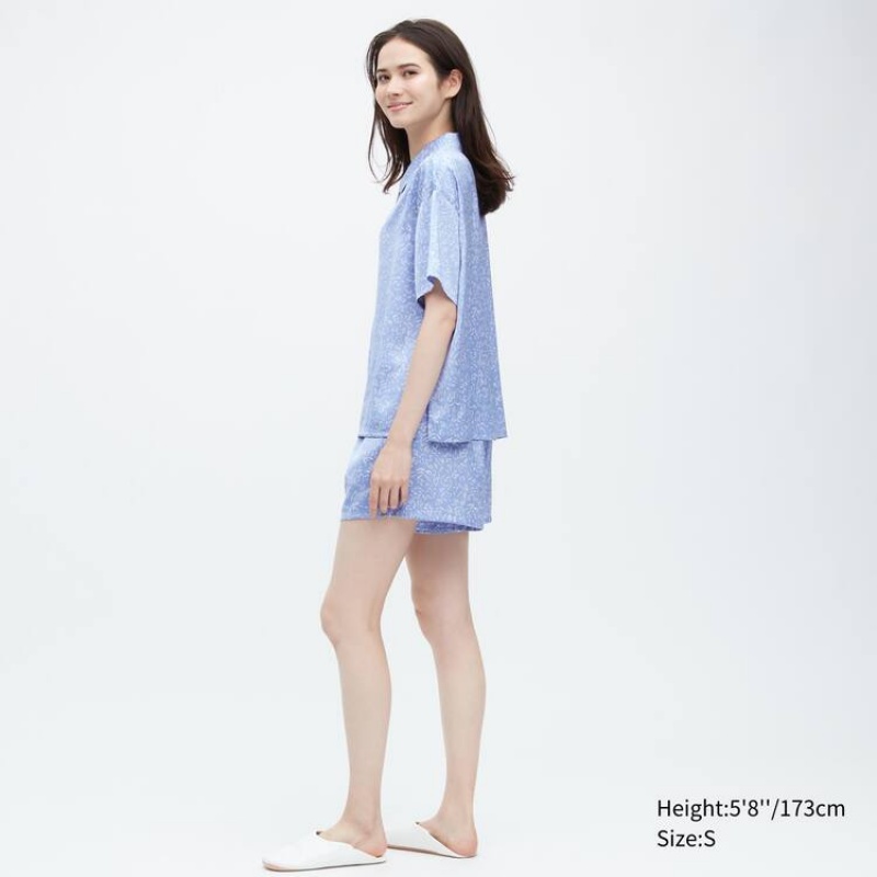 Ropa De Casa Uniqlo Satin Printed Pajamas (Corta Sleeve) Mujer Azules | 1372NIEVS