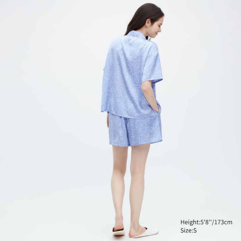 Ropa De Casa Uniqlo Satin Printed Pajamas (Corta Sleeve) Mujer Azules | 1372NIEVS