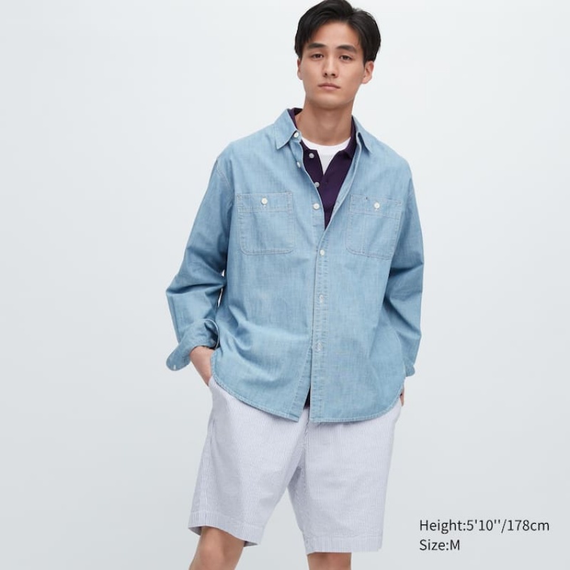 Short Uniqlo Dry Stretch Seersucker Easy Hombre Azules | 4527VYPQO